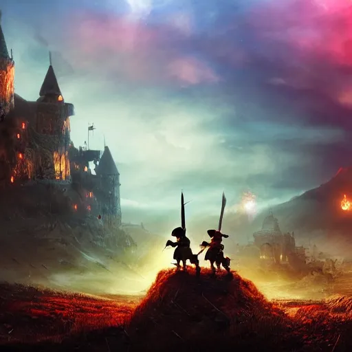 Prompt: epic battlefield of thousands of smurfs with medieval weapons battling, red moon shining golden red light hidden behind clouds, miniaturecore, supremely digital, medieval, unreal engine, super detailed, outstanding detail, dreamlike lighting, surrealistic lighting, god rays