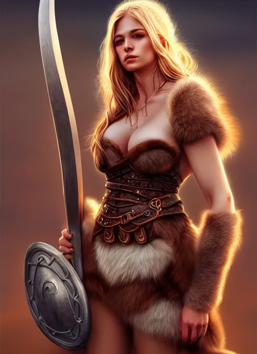 Prompt: beautiful full body viking girl, soft lighting, realistic wide angle, sharp focus, smooth skin, 8 k high, 6 4 megapixel, insanely detailed, intricate, lavish, elegant, art by artgerm and wlop