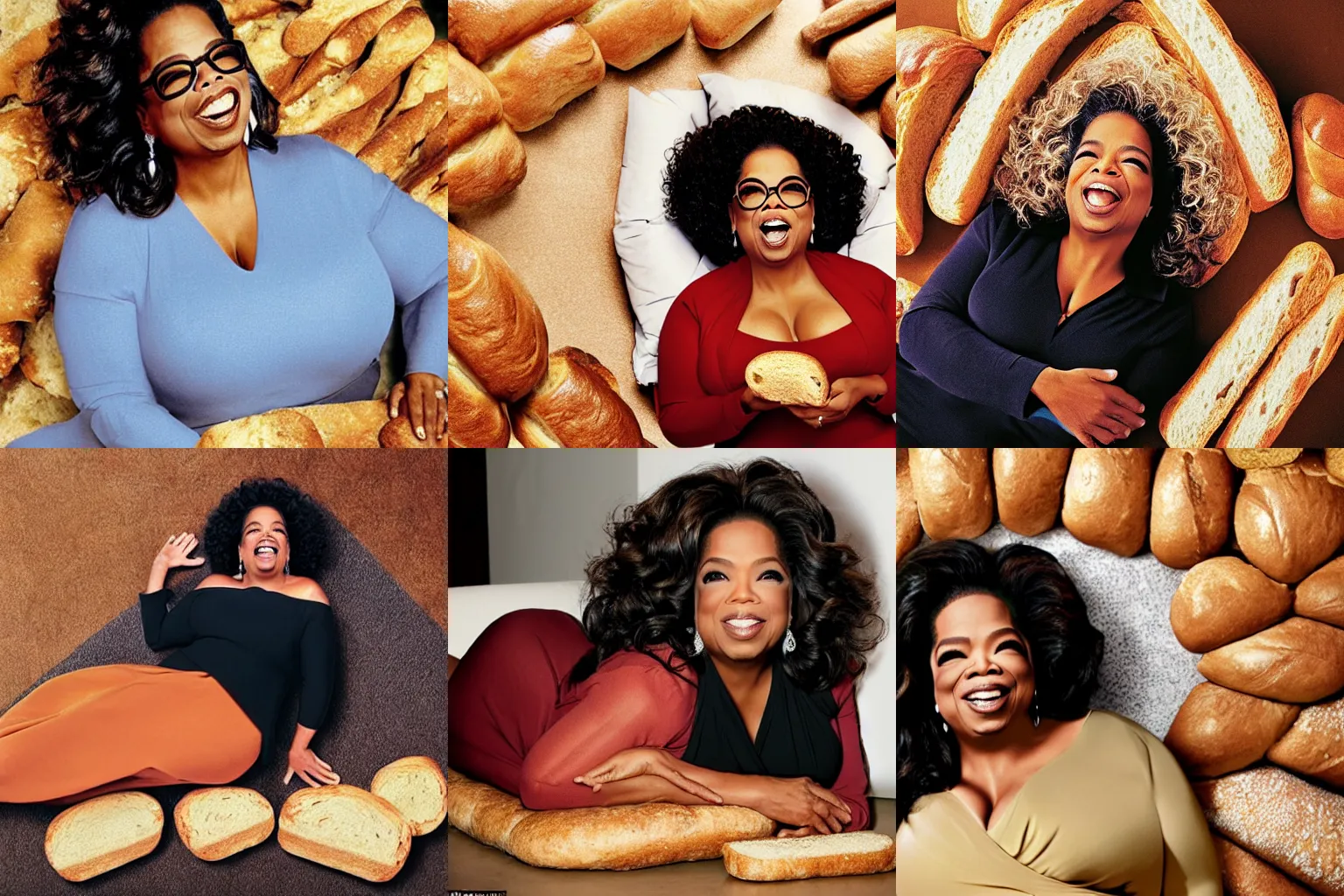 Prompt: Oprah Winfrey laughing laying down on a pile of bread