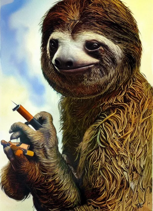 Image similar to ultra realistic portrait painting of a stoner as a sloth smoking a lit joint, art by frank frazetta, 4 k, ultra realistic, highly detailed, epic lighting