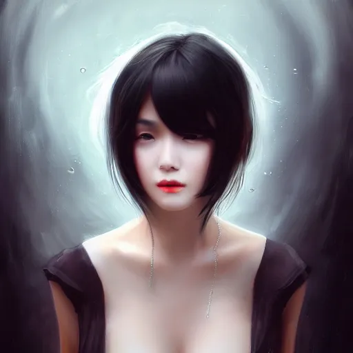 Image similar to a beautiful and elegant girl by wlop, black hair, dream, closeup headshot, 8 k, high detailed, style of ghost blade, ultra - realistic painting, trending on artstation, cg rendering.