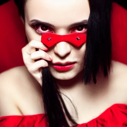 Prompt: portrait of a woman with long black hair and red eyes, wearing a red dress, 8k, close up shot, detailed face, beautiful, cinematic lighting, film, high quality, depth of field, dark colors,