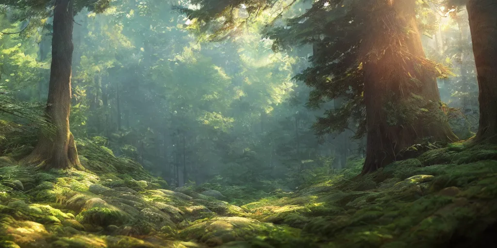 Image similar to a forest, oil painting, cinematic angle, hyperrealistic, volumetric lighting, breathtaking, Studio Ghibli, octane render, post-processing, epic composition, trending on artstation, masterpiece