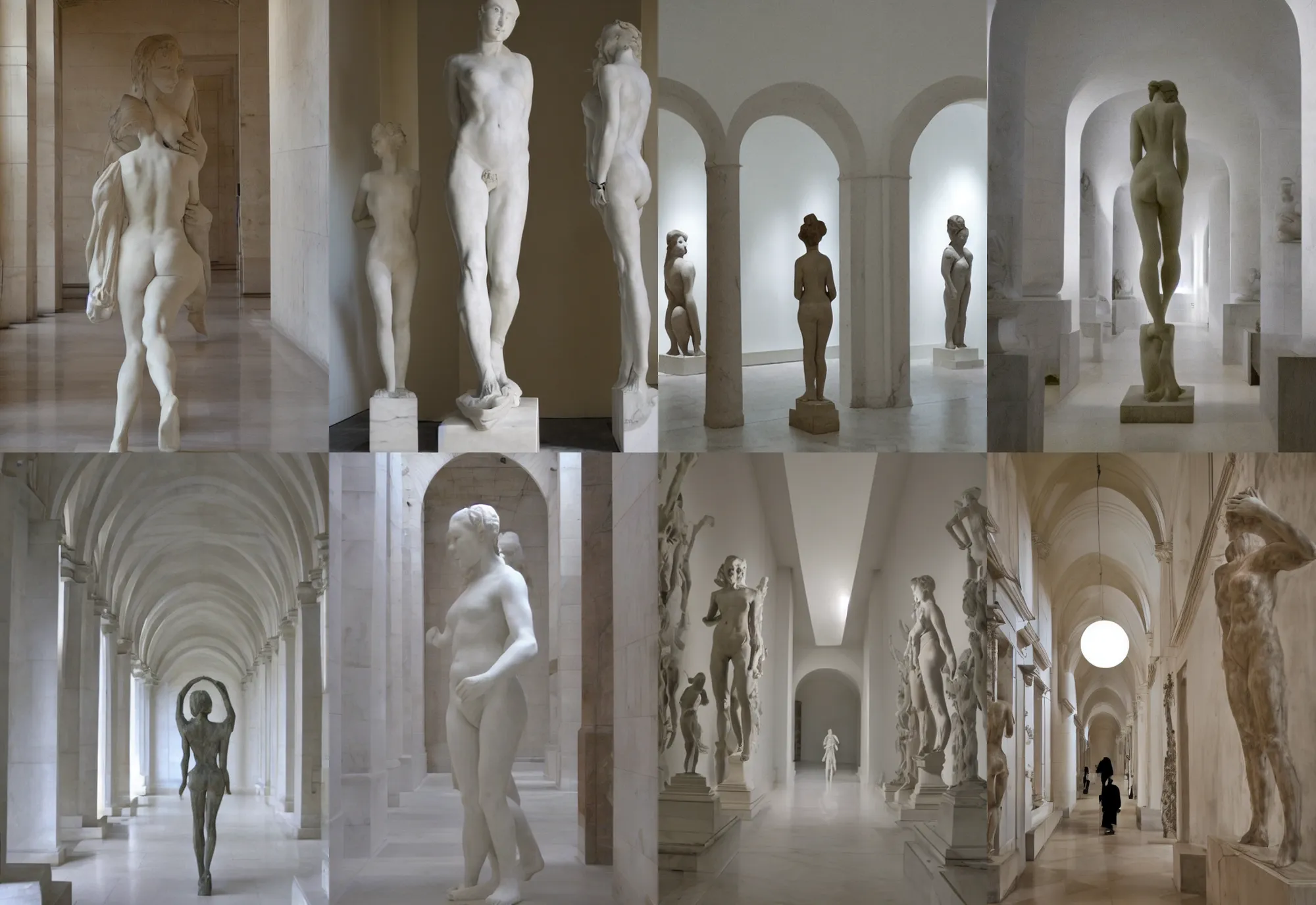 Prompt: walking on a corridor full of sculptures of women with long hairs, rodin, white marble, back light