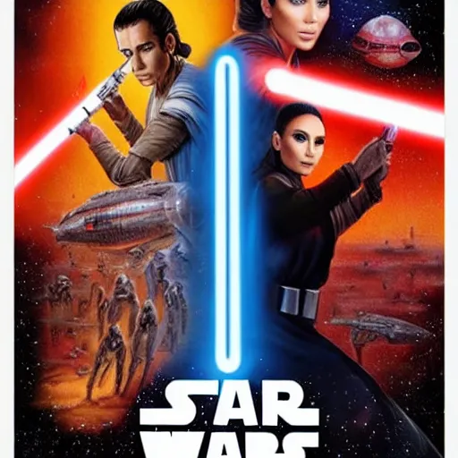 Image similar to super detailed star wars movie poster with ben shapiro, snooki and kim kardashian, 8k full HD photo, cinematic lighting, anatomically correct, oscar award winning, action filled, correct eye placement,