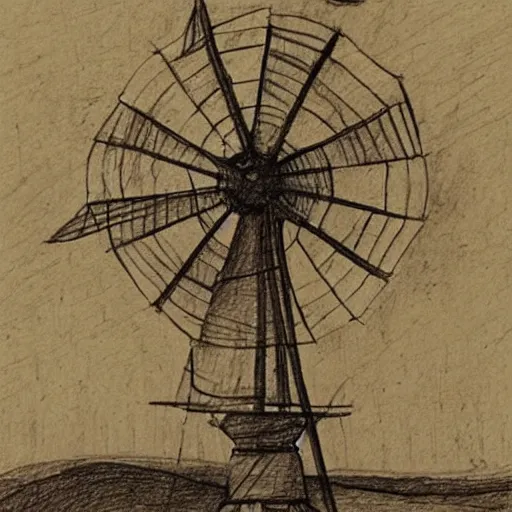 Prompt: old pencil sketch by leonardo davinci of a windmill, detailed technical sketch, anotation, quotes, monochromatic, sepia tones, old paper