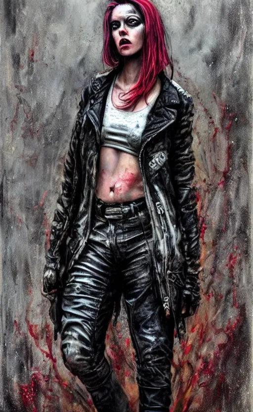 Prompt: acid rain effect, punk rock girl, mad max jacket, post apocalyptic, renaissance, cables on her body, hyper realistic style, oil painting, fantasy by Olga Fedorova