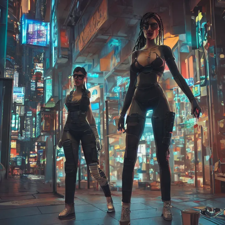 Image similar to cyberpunk woman is standing near the bar by Dylan Kowalski, photorealism, elegant woman, render, unreal engine, 3d art