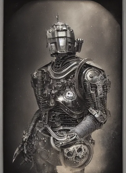 Prompt: old wetplate daguerreotype frame portrait of a futuristic silver armored knight district 9 cyborg, fractal, intricate, elegant, highly detailed, subsurface scattering, by jheronimus bosch and greg rutkowski and louis jacques mande daguerre