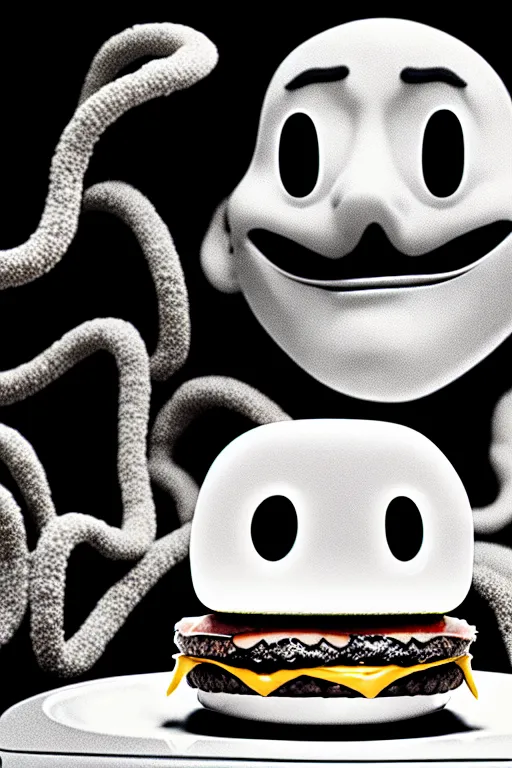 Image similar to mcdonald's horror retro tv advertisement, nightmare!, burger surrounded by worms!!!, black and white, ultra realistic, 4 k, digital art, cinematic style of david kronenberg