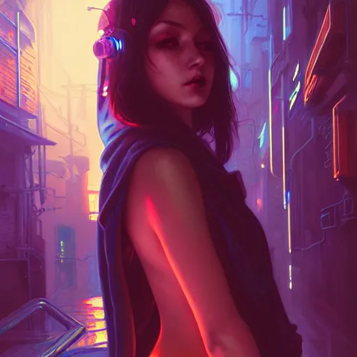 Prompt: a robed cyberpunk girl, neon lit back alley scene, sci - fi character portrait, ultra realistic, intricate, elegant, highly detailed, digital painting, artstaion, smooth, sharp, focus, illustration, art by artgerm and greg rutkowski and alphonse mucha