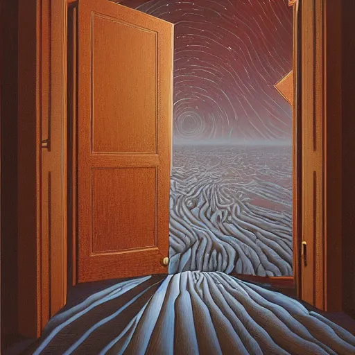 Image similar to a gust of night pushed its way in the door by jeffrey smith, oil on canvas