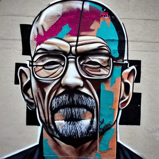 Image similar to Gigachad Muscular Walter White Flexing, Urban Graffiti Banksy, Bordalo, trending on artstation