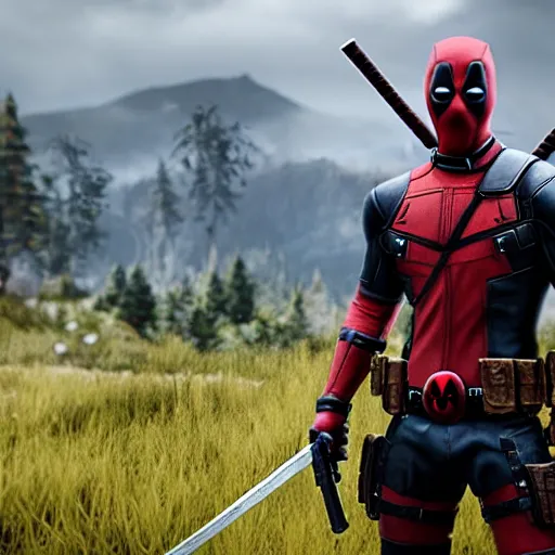 Image similar to deadpool in the witcher 4 k detailed super realistic