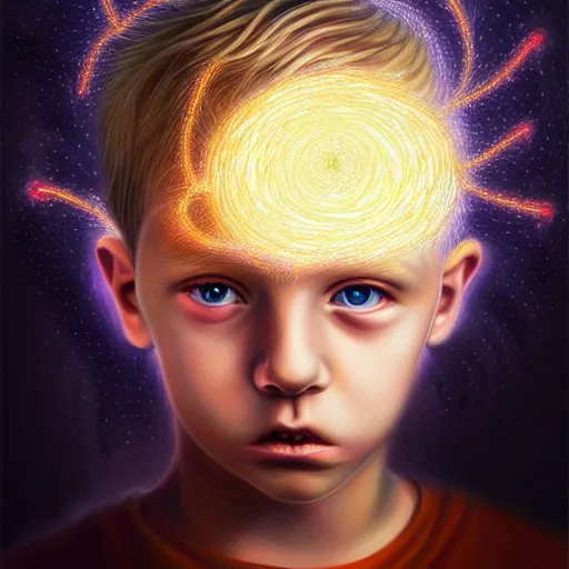 Image similar to powerful eyes glowing highly detailed painting of deep sadness alone, young blonde boy spiritual portrait, fractal electricity surrounding him, expressive emotional sadness piece, trending on art station, abstract emotional sadness expression, very very very beautiful, fantasy digital art, visionary art, magical fantasy 2 d concept art