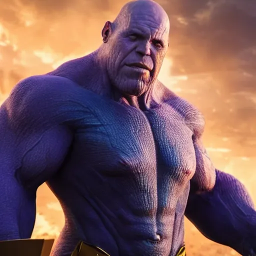 Image similar to Jonathan Banks as Thanos, HD promotional screenshot from new Avengers film, 8k ultra realistic, Marvel animation