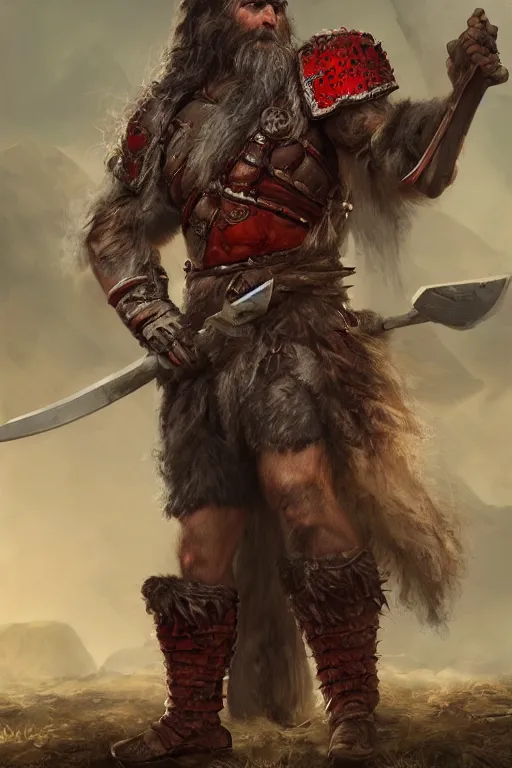 Image similar to Barbarian Warrior, dual wielding axes, tall, long messy curly hair, long unkempt beard, wolf pelt, red armor, matte painting, trending in artstation, arstationhq, artstationhd, HD 8k