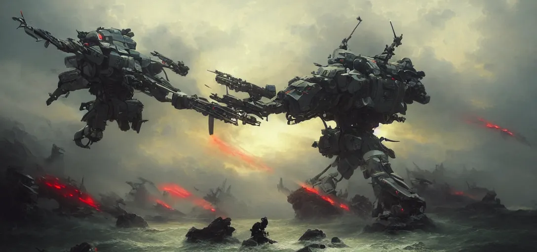 Image similar to 8 k art photography shot art shot, hyperrealistic, hyperdetailed, super detailed, uhd, uhd, 8 k, high resolution, epic fight scene, group of samurai attack futuristic military mech, painting by ross tran and ivan aivazovsky