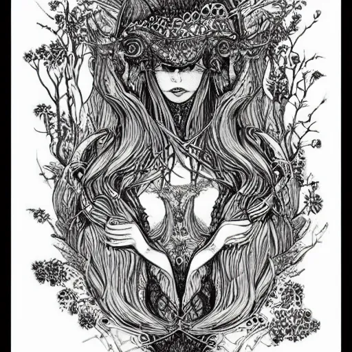 Prompt: goddess of the forest, ink drawing, black ink illustration, by a very talented artist, award winning, intricate detail, stunning, gorgeous mysterious, poetic, nostalgic