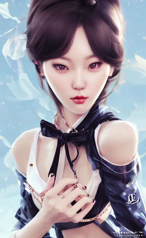 Image similar to a pin up and beautiful fashion charming dreamlke korea girl with lv jewelry, character art, art by artgerm lau and kyoung hwan kim and and ilya kuvshinov and john singer sargent, hyperdetailed, 8 k realistic, symmetrical, frostbite 3 engine, cryengine, dof, trending on artstation, digital art