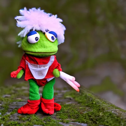 Image similar to frog cleric as an albino chibi muppet plush made entirely from transparent egg white sheer fabric wearing red and green overalls and carrying a tiny sketch book and pencil, photorealistic, photography, national geographic, sesame street