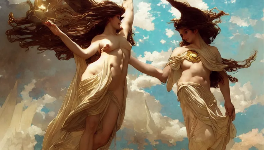 Image similar to goddess helios descending from olympus, artstation, concept art, smooth, sharp focus, illustration, art by artgerm and greg rutkowski and alphonse mucha and william adolphe bouguereau and john william waterhouse