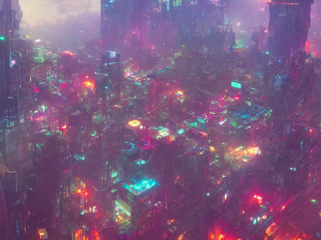 Prompt: looking down at the cyberpunk city, airships shuttle in the air, colorful colors, fog, rainy days, neon lights, marc simonetti on artstation.