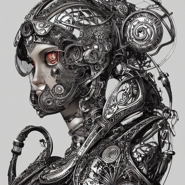 Prompt: ultra realistic illustration of a retro futuristic female cyborg punk art nouveau filgree scrollwork, masterpiece, intricate, highly detailed, sharp