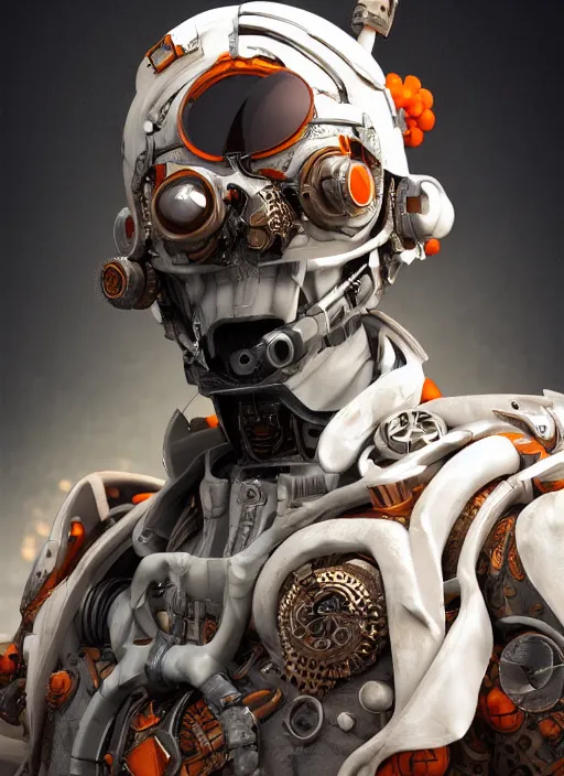 Prompt: mercenary soldier by vitaly bulgarov, octane render, biomechanical, cyborg, white and orange, steampunk, cyberpunk, intricate detail, backlit