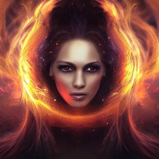 Prompt: masterpiece portrait of an aesthetic beautiful realistic fire mage woman, 3 0 years old woman, dark hair with lighter colorful strands, wearing a thin golden diadem with ruby inlays, digital painting by joachim bergauer, atmospheric effects and fog, chaotic fractal fog and sparks dynamics in the background, intricate, 8 k, octane render, artstation, deviantart, instagram