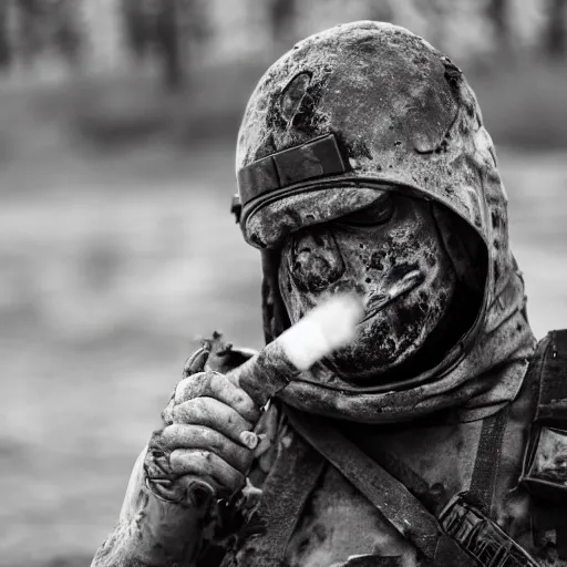 Image similar to Dying British mercenary wearing grey body armor smoking a cigarette in the aftermath of a bloody battle, photo by Adam Ferguson, Pulitzer Winning, cinematic composition, breathtaking, modern, 2022