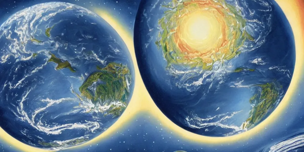 Image similar to hyper realistic painting of planet earth giving birth to another planet