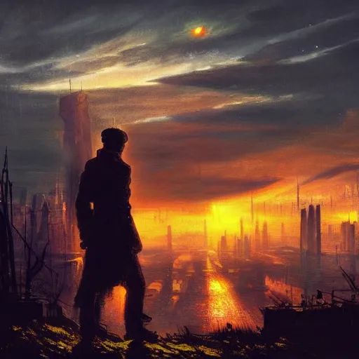 Image similar to wanderer with night vision goggles, dramatic light, sunset, sunrays, cyberpunk city in the background, ruins, buildings, dystoptian, gorgeous view, depth, painted by Caspar David Friedrich, clouds, tending on artstation