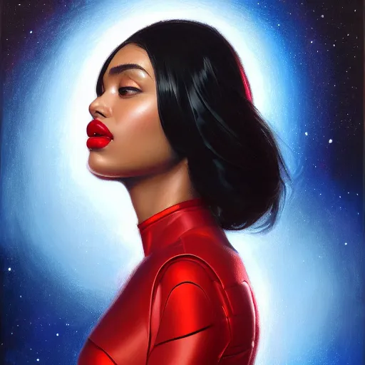 Image similar to a portrait of a very WOC beautiful woman in a spacesuit, brown eyes, shoulder-length black hair, red lips, bored, illustration, soft lighting, soft details, painting oil on canvas by mark arian by artgerm, trending on artstation, 4k, 8k, HD