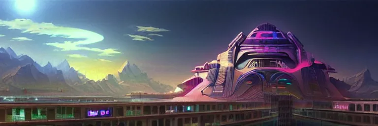 Image similar to a sprawling cybernetic temple, a large hi - tech city, and a river surrounded by fractal mountains, volumetric clouds, cybernetic faces, vaporwave aesthetic, colorful, psychedelic, digital painting, artstation, concept art, smooth, sharp focus, illustration, art by artgerm and greg rutkowski and alphonse mucha