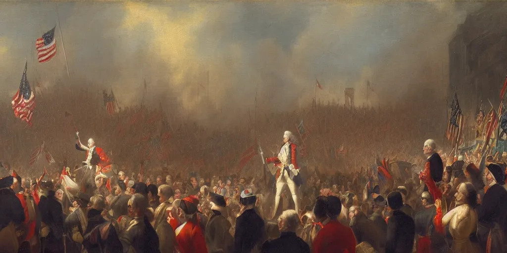 Image similar to a medium shot of george washington giving a speech in times square with bilboards in the backround and a large crowd carrying american flags and carrying torches by gerard seghers, the denial of st. peter