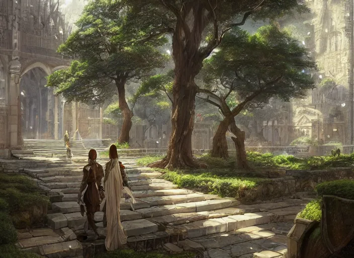 Image similar to A wide open courtyard in a beautiful elven city made of ivory, anime, lush trees, fountain, a fantasy digital painting by Greg Rutkowski and James Gurney, trending on Artstation, highly detailed