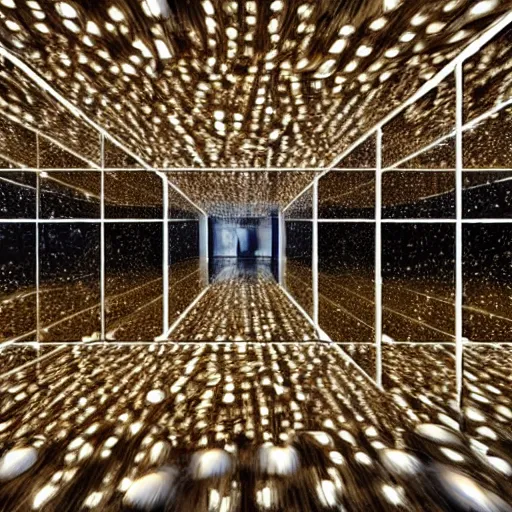 Image similar to infinity room with mirrors, sand, lightbulb, monster, scary, 4 k