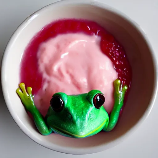 Image similar to frog drowning in strawberry yogurt, real