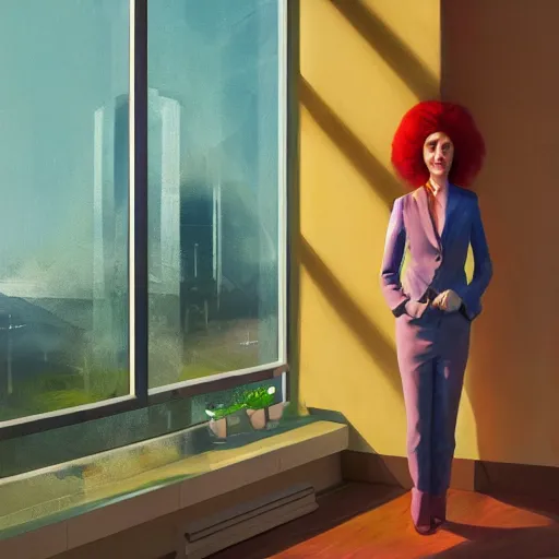 Image similar to huge dahlie flower head, woman in suit, standing by modern window in luxury apartment, surreal photography, sunlight, impressionist painting, digital painting, artstation, simon stalenhag