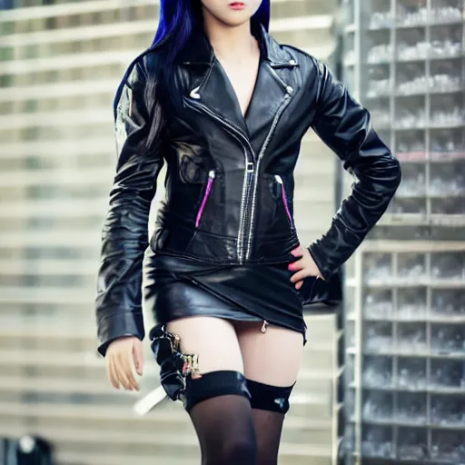 Image similar to a dynamic, epic cinematic 8K HD movie shot of a japanese beautiful cute young J-Pop idol actress yakuza rock star girl wearing leather jacket, miniskirt, nylon tights, high heels boots, gloves and jewelry. Motion, VFX, Inspirational arthouse, at Behance, with Instagram filters