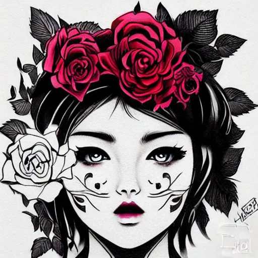 Image similar to tattoo design, stencil, beautiful japanese girls face, roses and ivy surrounding by artgerm, artgerm, cat girl, anime