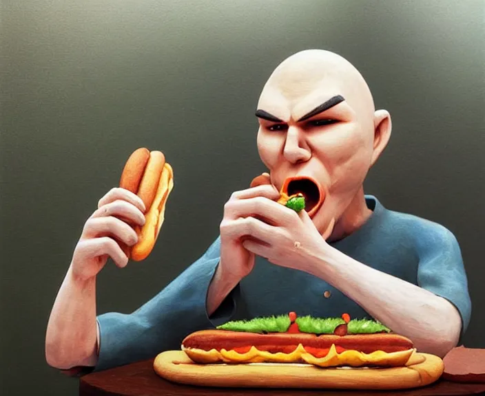 Prompt: a wooden sculpture of billy corgan eating a hotdog, digital art by studio ghibli and greg rutkowski, beautiful, cute, hyperrealism artstyle, amazing lighting