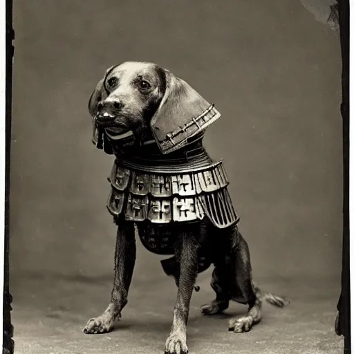 Prompt: “dog in full samurai armour, 1900’s photo”