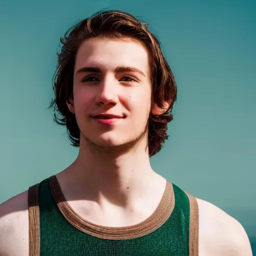 Image similar to portrait of a boy, around 22 yo with natural brown hair and green eyes. Smooth, pale skin and a net tanktop. Blue sky background.