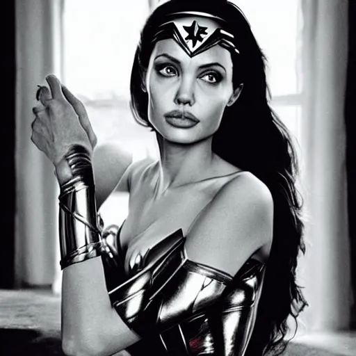 Prompt: young angelina jolie as wonder woman, photorealistic, photographed in the style of annie leibovitz - h 6 4 0