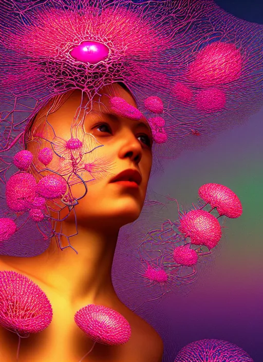 Image similar to hyper detailed 3d render like a painting - Aurora (Singer) seen Eating of the Strangling network of yellowcake aerochrome and milky Fruit and Her delicate Hands hold of gossamer polyp blossoms bring iridescent fungal flowers whose spores black the foolish stars by Jacek Yerka, Mariusz Lewandowski, Houdini algorithmic generative render, Abstract brush strokes, Masterpiece, Edward Hopper and James Gilleard, Zdzislaw Beksinski, Mark Ryden, Wolfgang Lettl, hints of Yayoi Kasuma, octane render, 8k