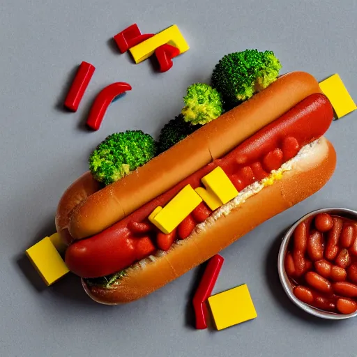 Prompt: commercial photo of a delicious hot dog, with baked beans, mustard, ketchup, broccoli and legos on top, detailed, uhd, 8k,