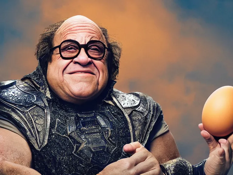 Image similar to danny devito as thanos, holding up an egg, cinematic, anamorphic, dramatic, 4 0 mm f / 2. 8