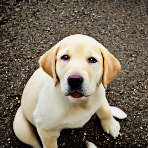 Image similar to a very cute yellow lab puppy smiling. close-up. blach and white. at the park. 14mm lens. iso 100. diaphragm 1.4. shutter speed 1/350. oil on canvas. W-1024